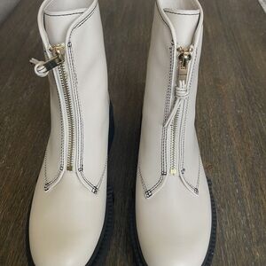 Coach Cream Leather Zip-Front Ankle Boots with Black Lug Sole